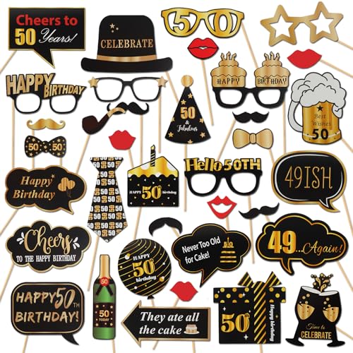 LINGTEER 35-Piece 50th Birthday Photo Booth Props Set – Black & Gold Party Decorations