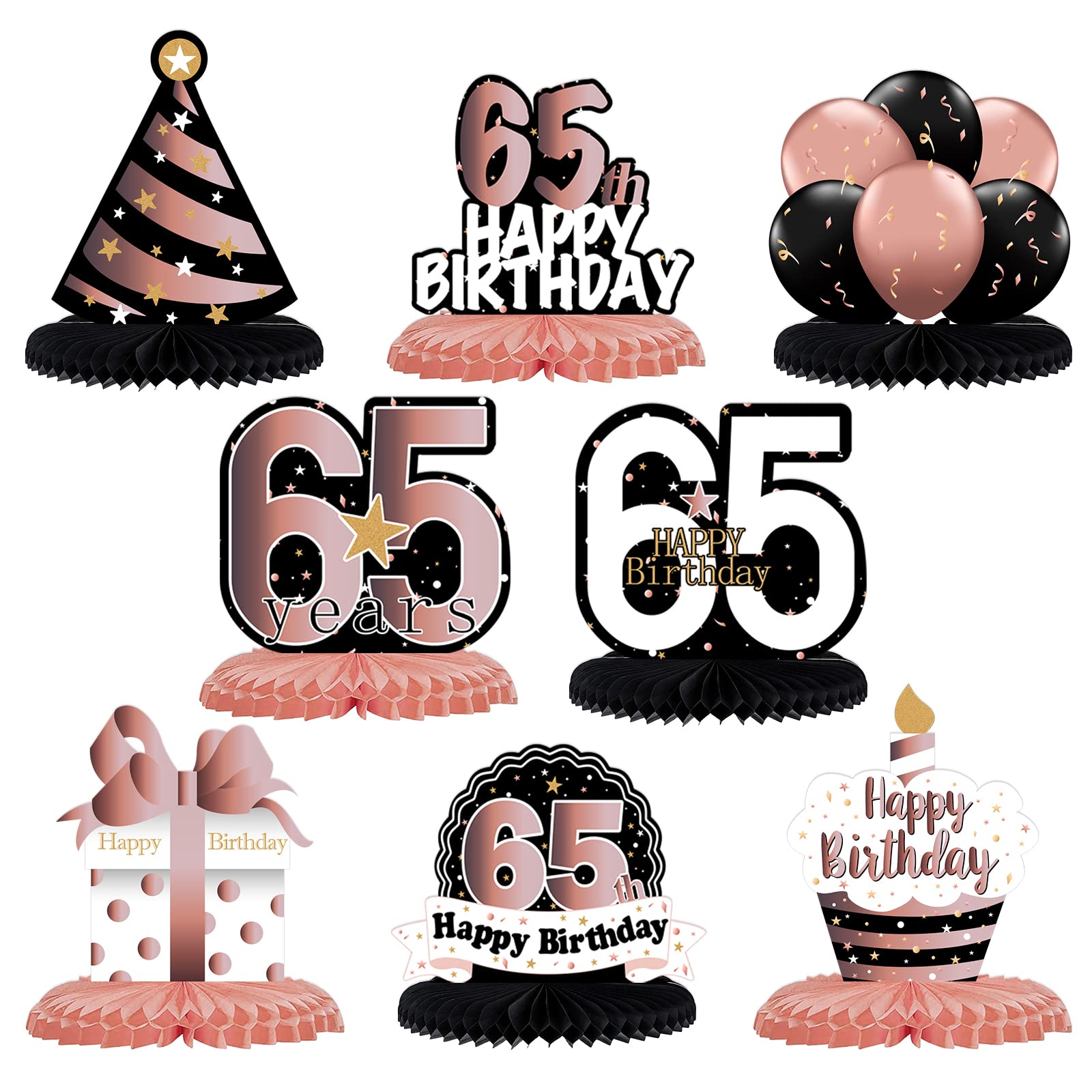 LINGTEER 65th Birthday Rose Gold Honeycomb Centerpieces – 8-Pack Table Decorations