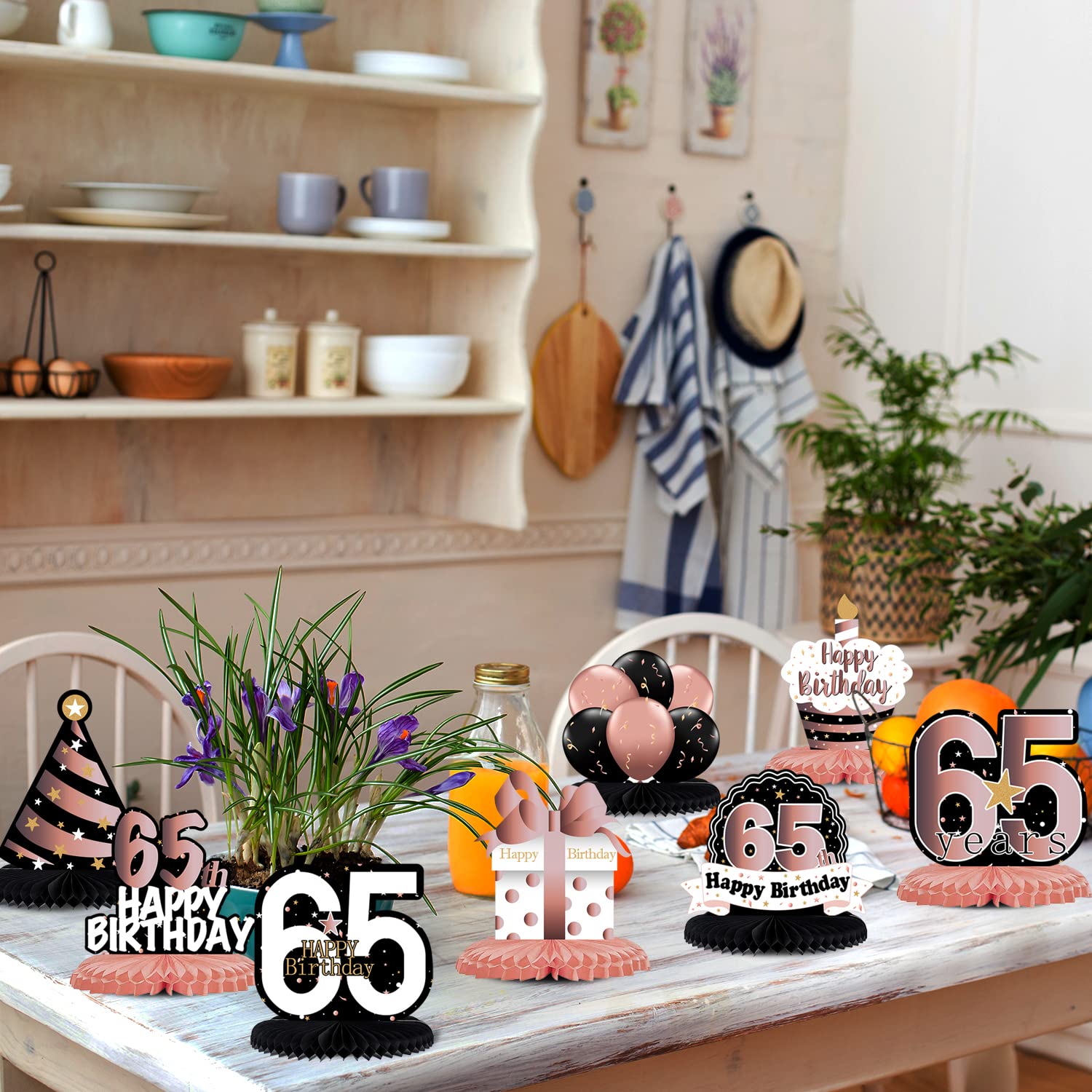 LINGTEER 65th Birthday Rose Gold Honeycomb Centerpieces – 8-Pack Table Decorations