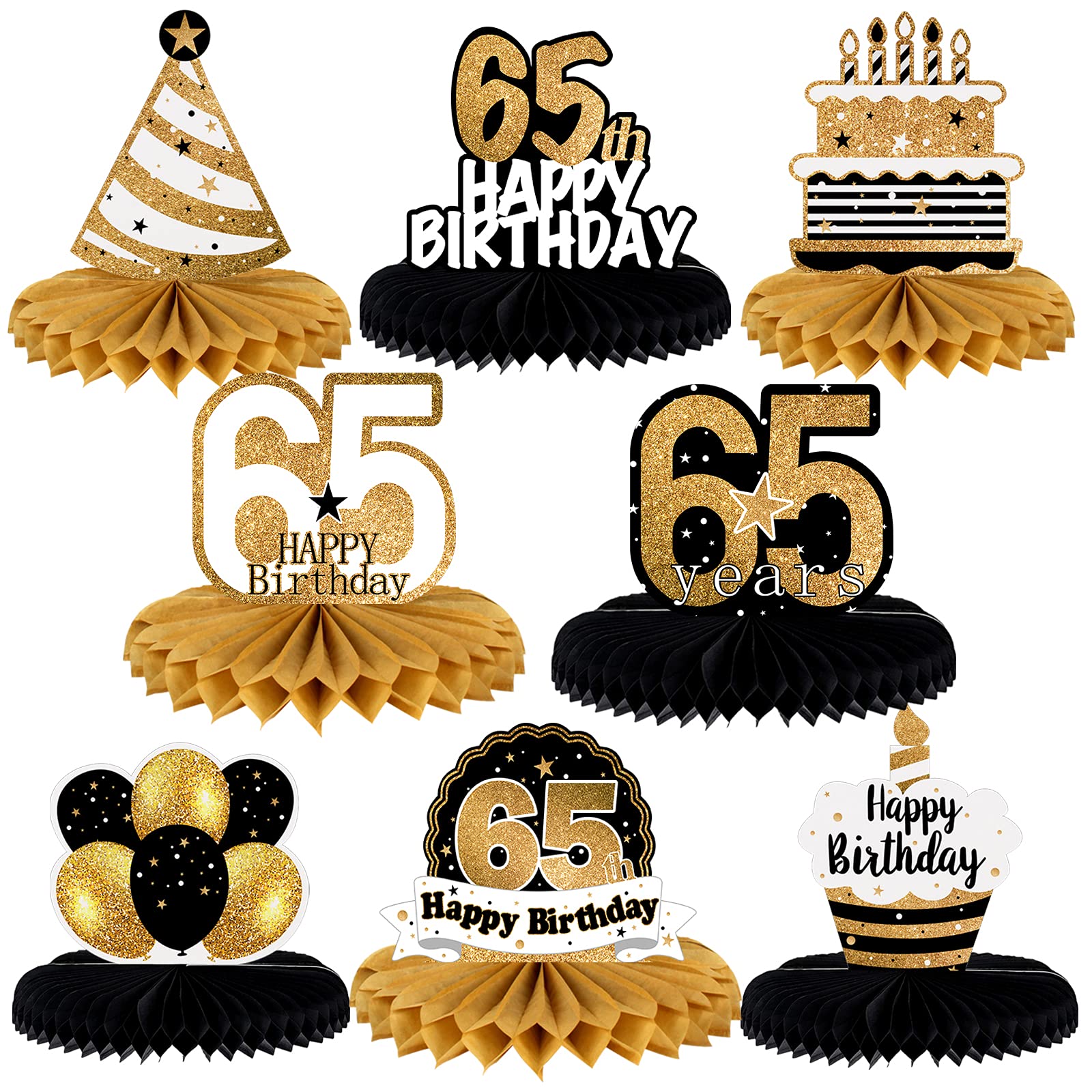 LINGTEER Gold 65th Birthday Table Honeycomb Centerpieces – Set of 8 Cheers to 65th Birthday Decor