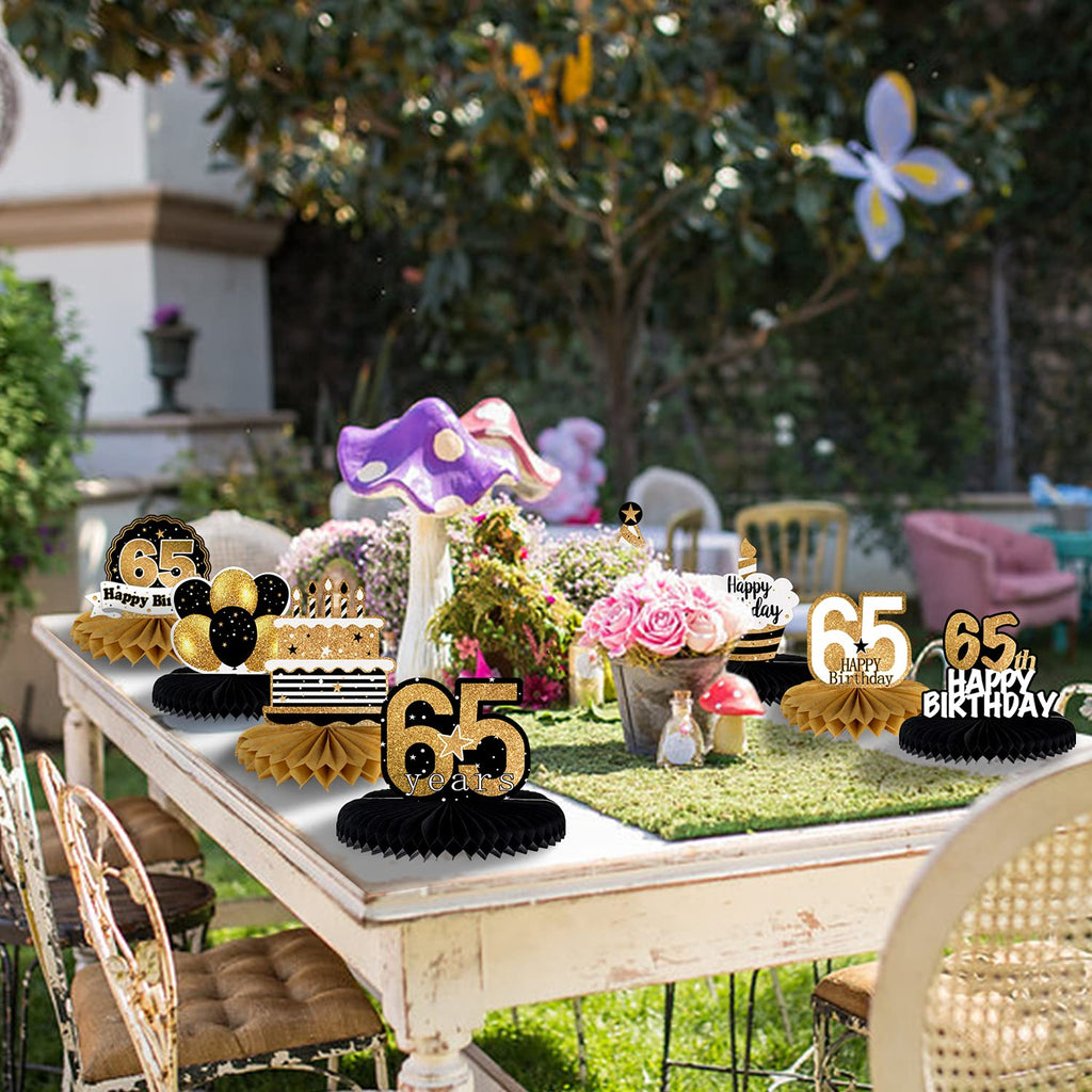 LINGTEER Gold 65th Birthday Table Honeycomb Centerpieces – Set of 8 Cheers to 65th Birthday Decor