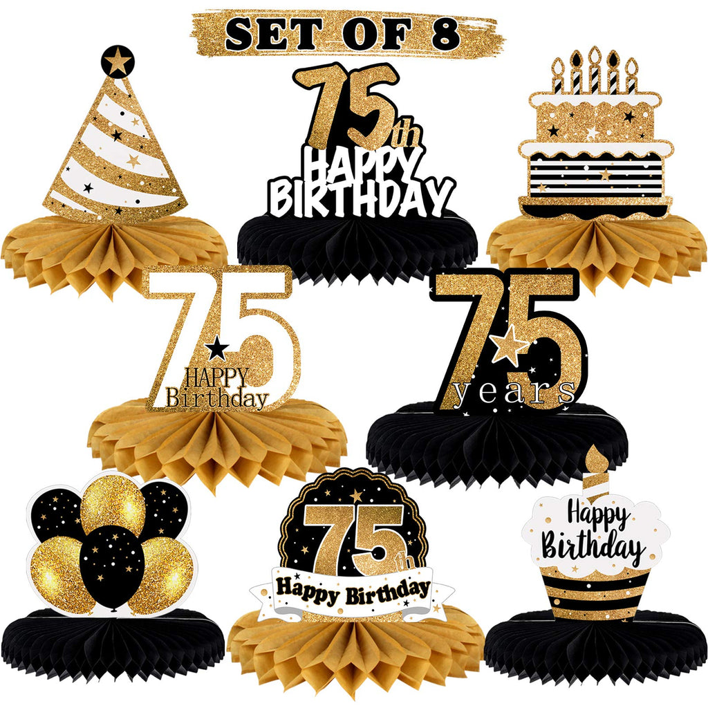 LINGTEER Gold 75th Birthday Centerpieces - 8 Honeycomb Table Decorations with Easy Assembly