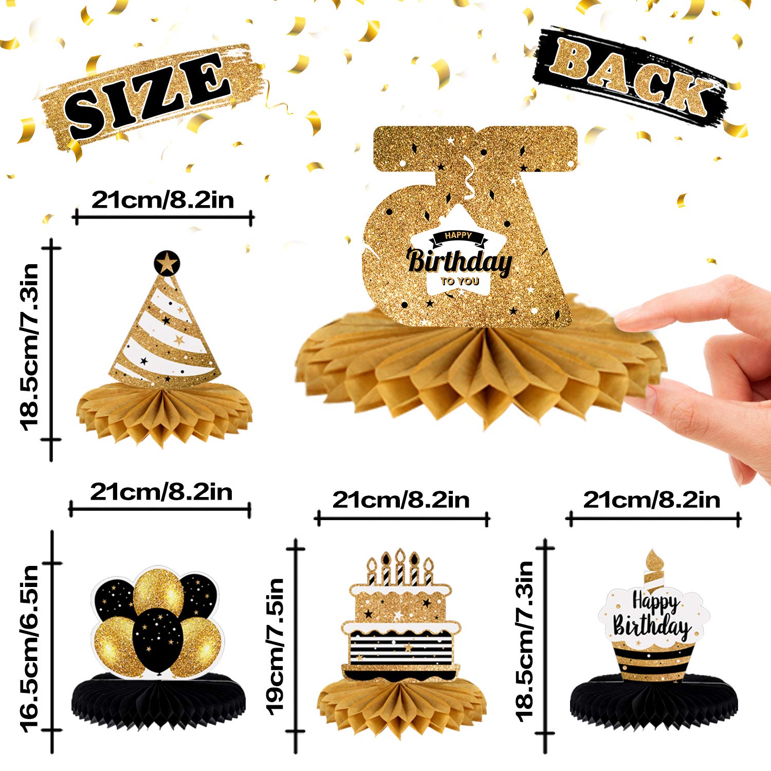 LINGTEER Gold 75th Birthday Centerpieces - 8 Honeycomb Table Decorations with Easy Assembly