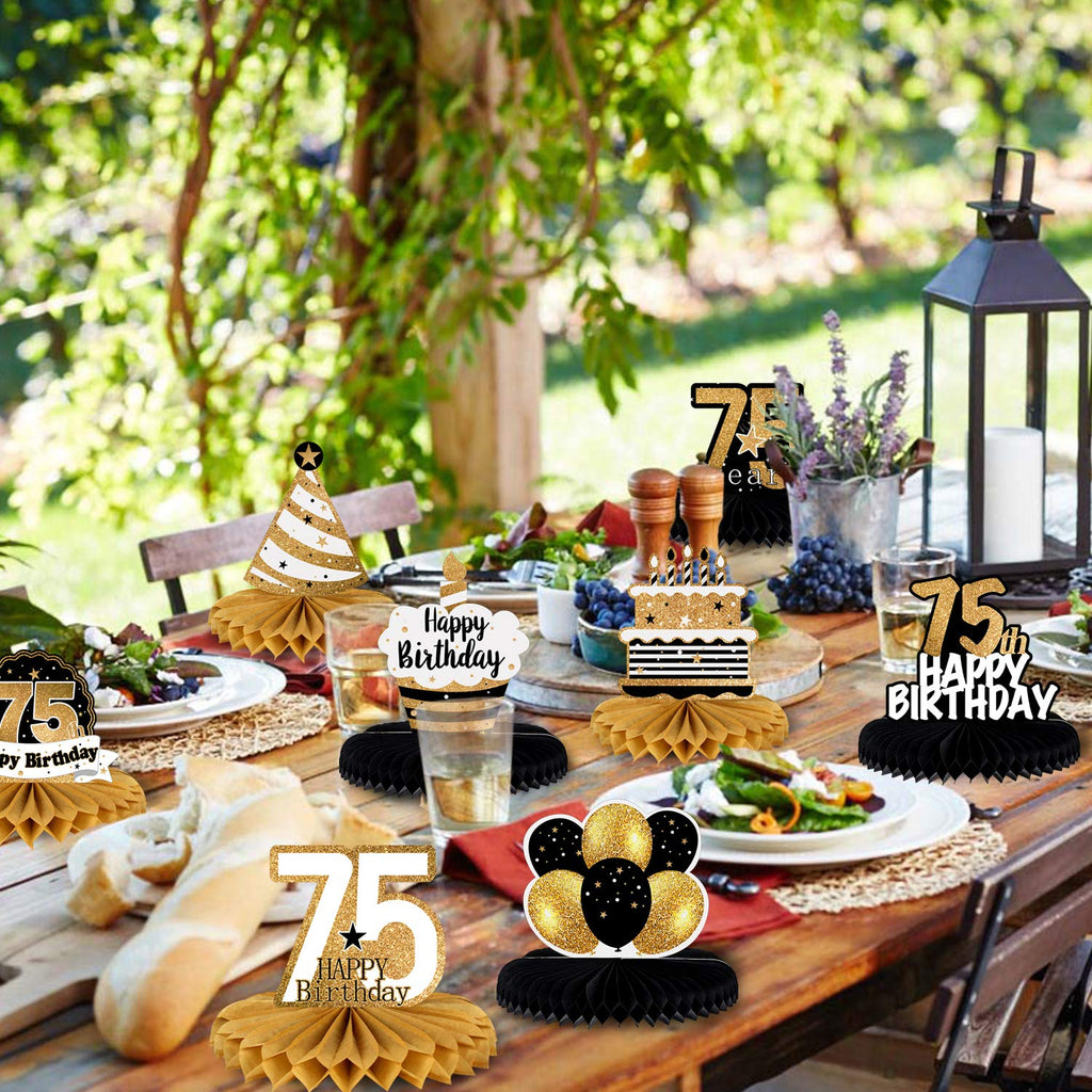 LINGTEER Gold 75th Birthday Centerpieces - 8 Honeycomb Table Decorations with Easy Assembly