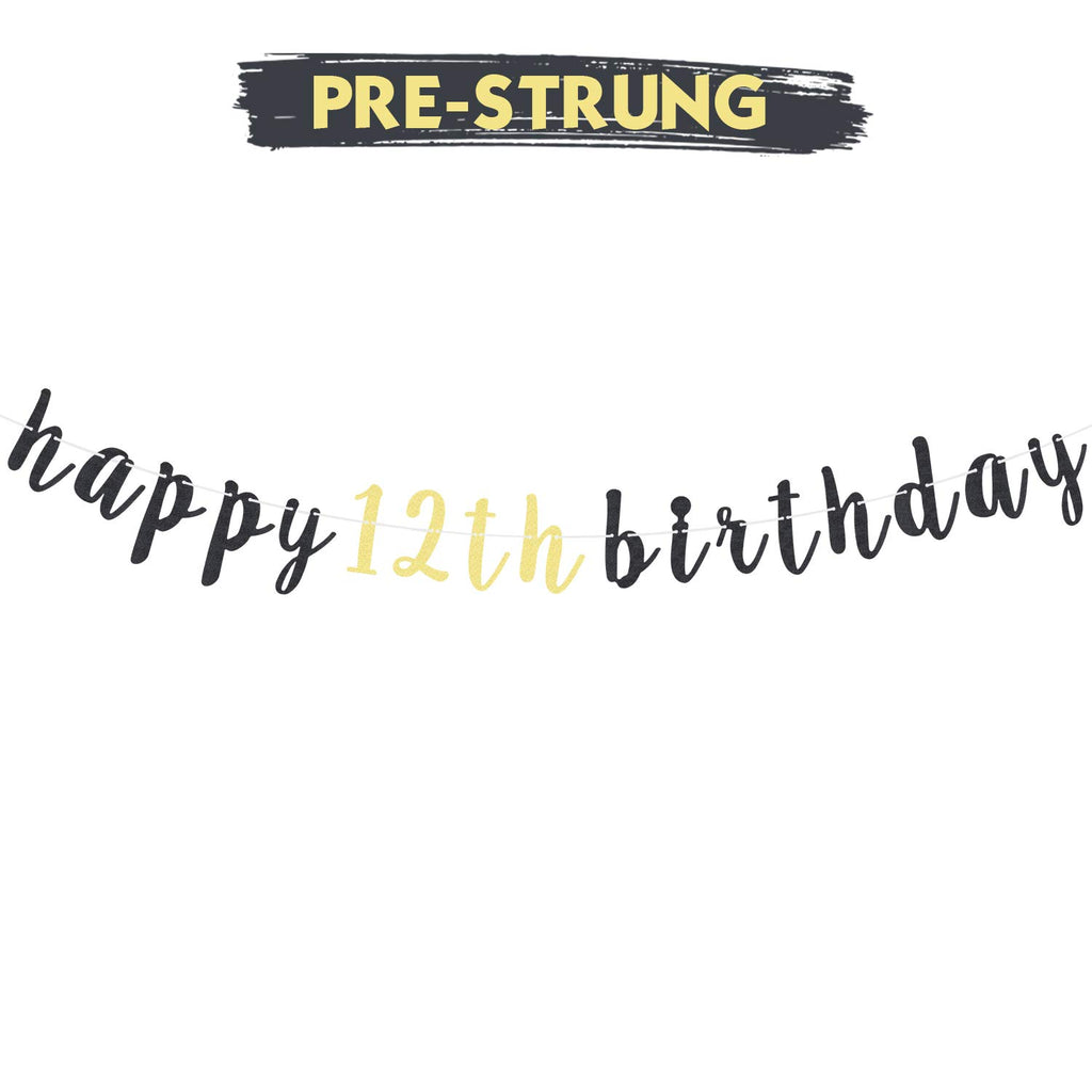 LINGTEER Happy 12th Birthday Glitter Banner – 6.7ft Black & Gold Decor
