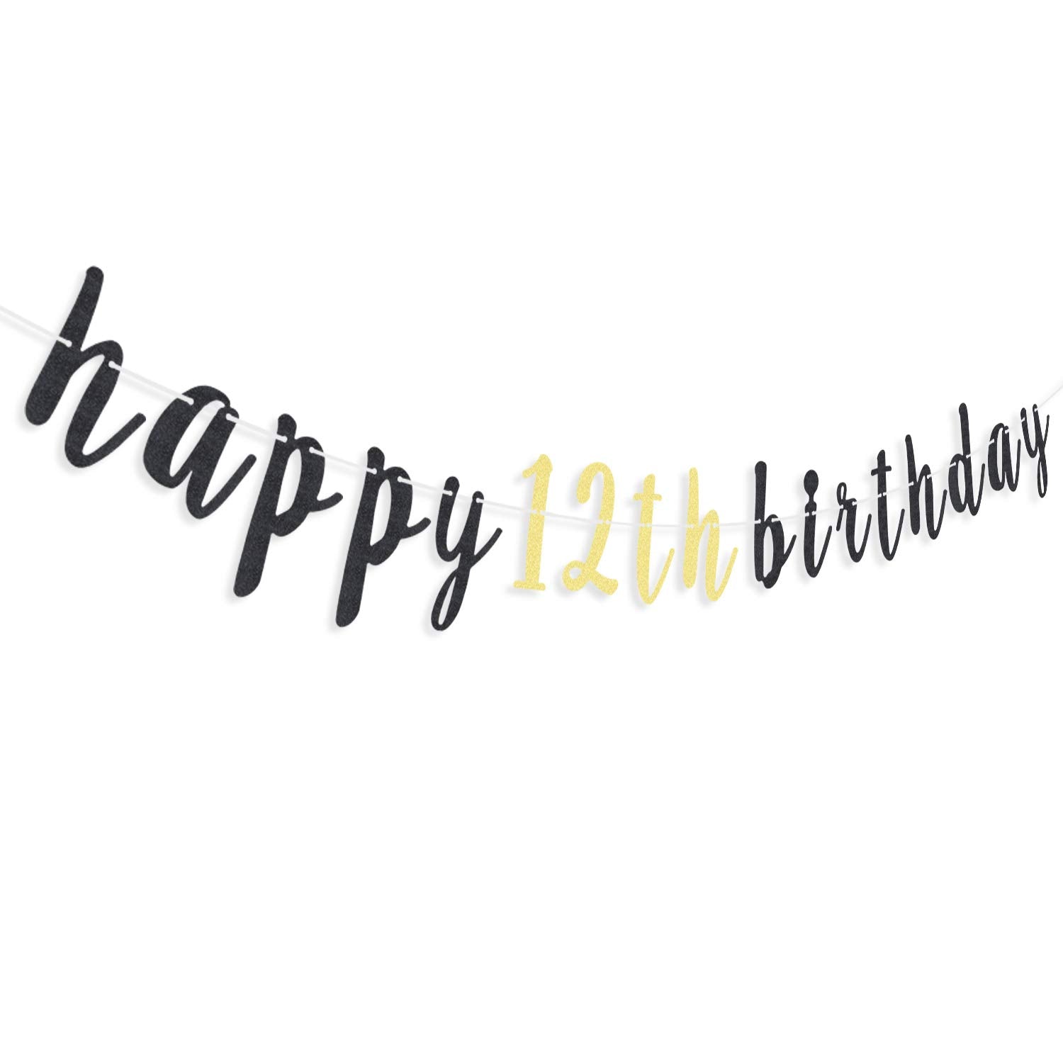 LINGTEER Happy 12th Birthday Glitter Banner – 6.7ft Black & Gold Decor