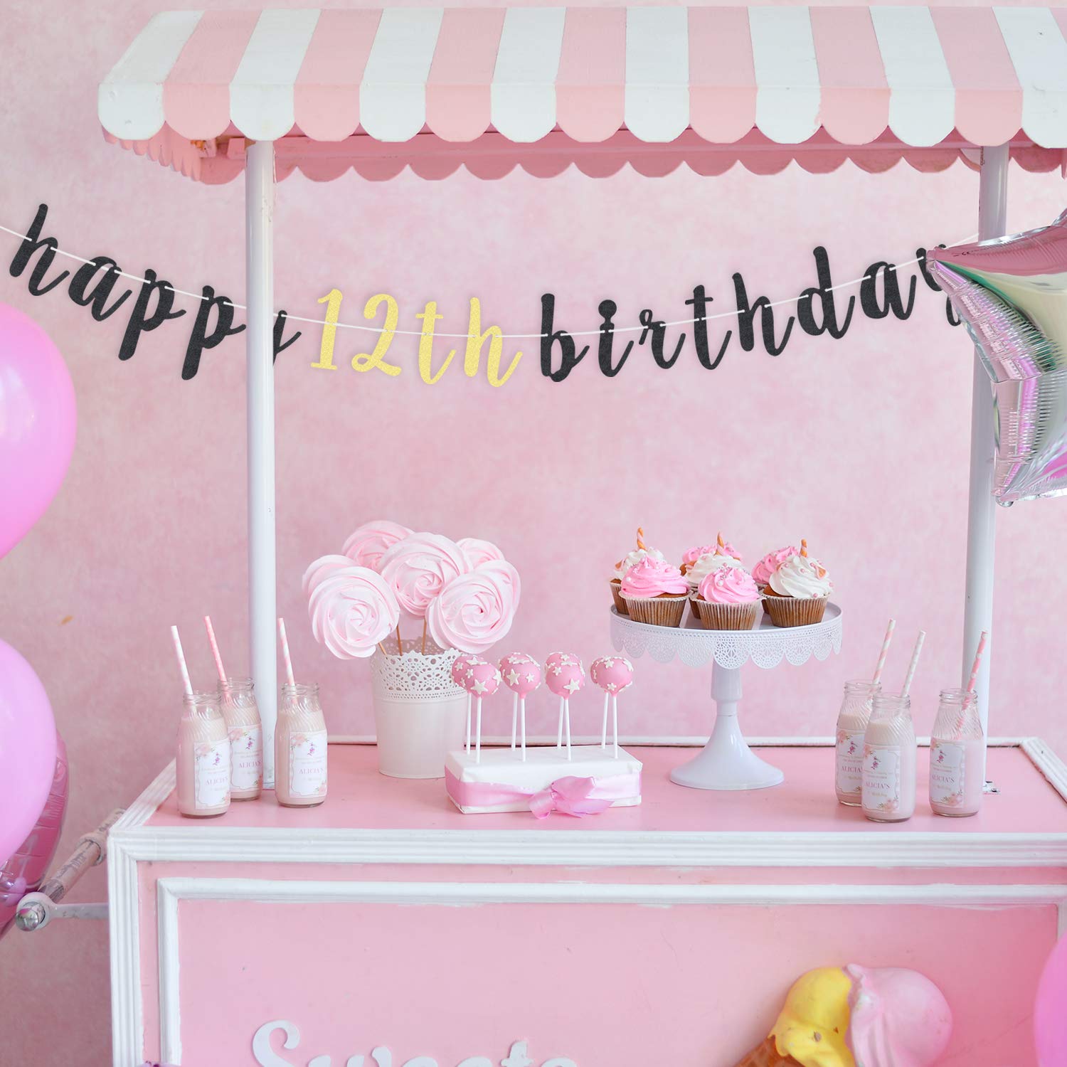 LINGTEER Happy 12th Birthday Glitter Banner – 6.7ft Black & Gold Decor