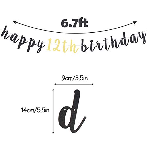 LINGTEER Happy 12th Birthday Glitter Banner – 6.7ft Black & Gold Decor