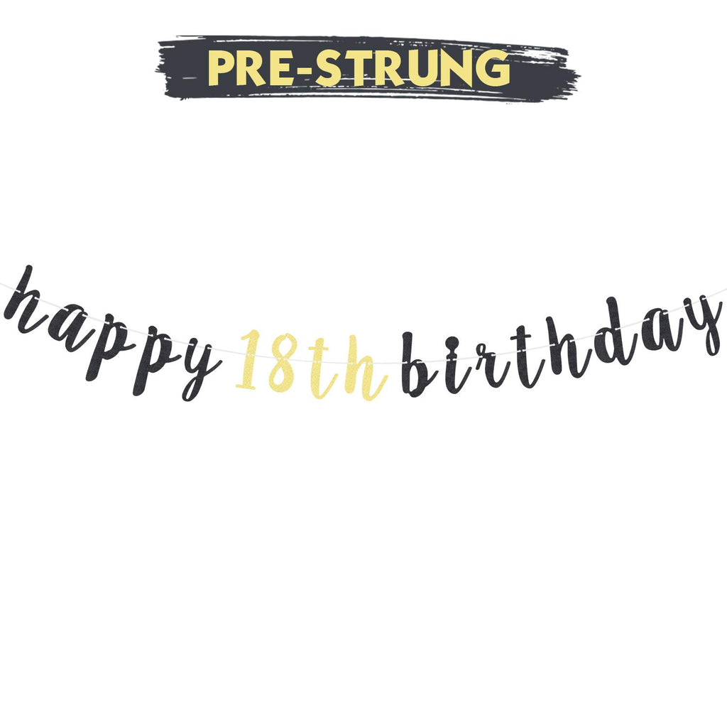 LINGTEER Happy 18th Birthday Glitter Garland Banner - 6.7ft Black/Gold Party Decoration