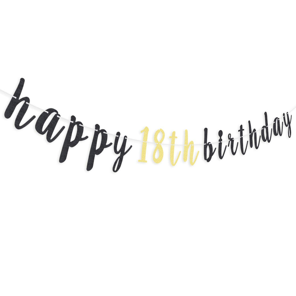 LINGTEER Happy 18th Birthday Glitter Garland Banner - 6.7ft Black/Gold Party Decoration