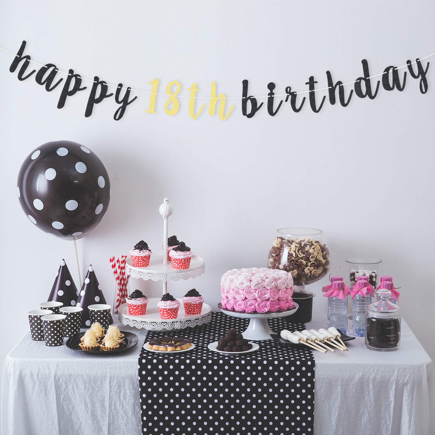 LINGTEER Happy 18th Birthday Glitter Garland Banner - 6.7ft Black/Gold Party Decoration