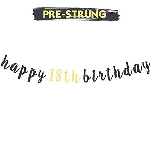 LINGTEER Happy 18th Birthday Glitter Garland Banner - 6.7ft Black/Gold Party Decoration