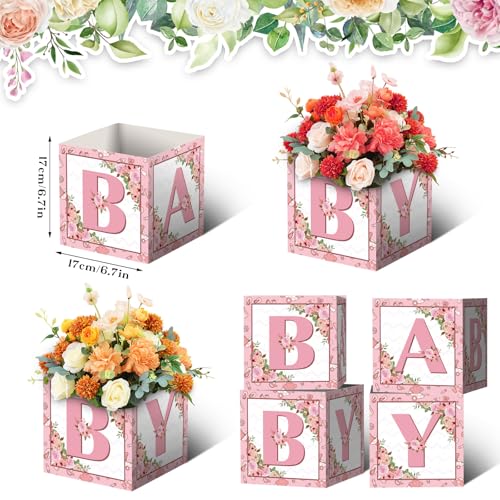 LINGTEER Pink Floral Baby Shower Centerpieces - Set of 6 DIY Paper Flower Boxes for Party Decor
