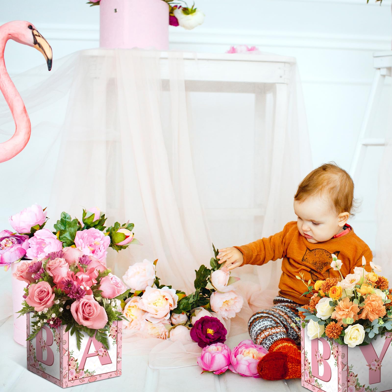 LINGTEER Pink Floral Baby Shower Centerpieces - Set of 6 DIY Paper Flower Boxes for Party Decor