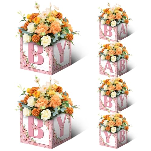 LINGTEER Pink Floral Baby Shower Centerpieces - Set of 6 DIY Paper Flower Boxes for Party Decor