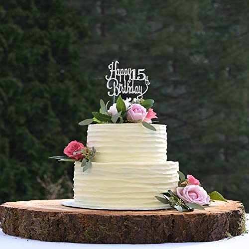 LINGTEER Silver Rhinestone 'Cheers to 15' Cake Topper – Sparkly 15th Birthday Decoration for Kids