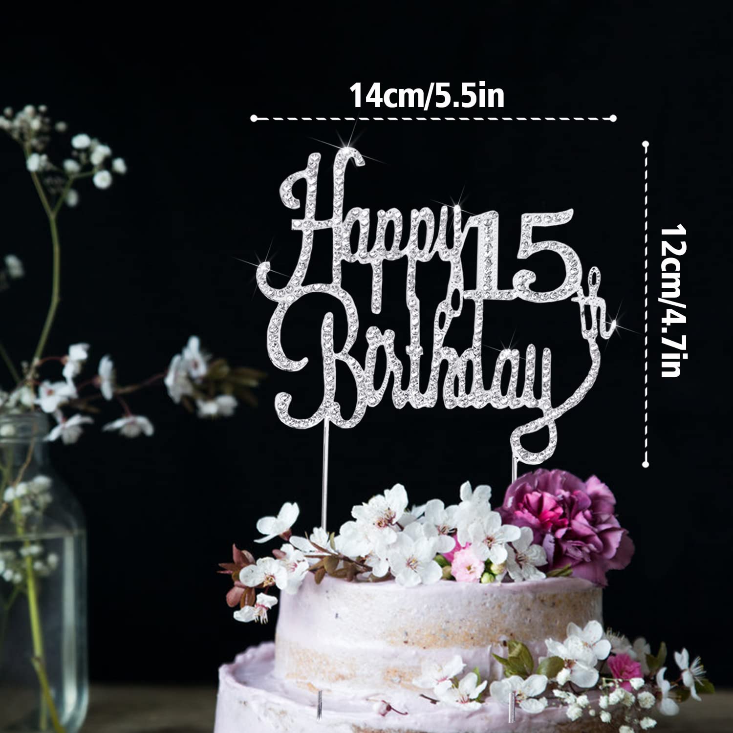 LINGTEER Silver Rhinestone 'Cheers to 15' Cake Topper – Sparkly 15th Birthday Decoration for Kids