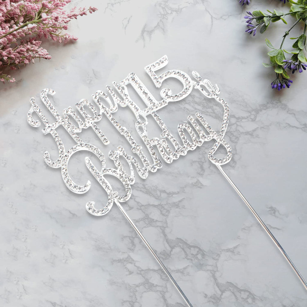 LINGTEER Silver Rhinestone 'Cheers to 15' Cake Topper – Sparkly 15th Birthday Decoration for Kids