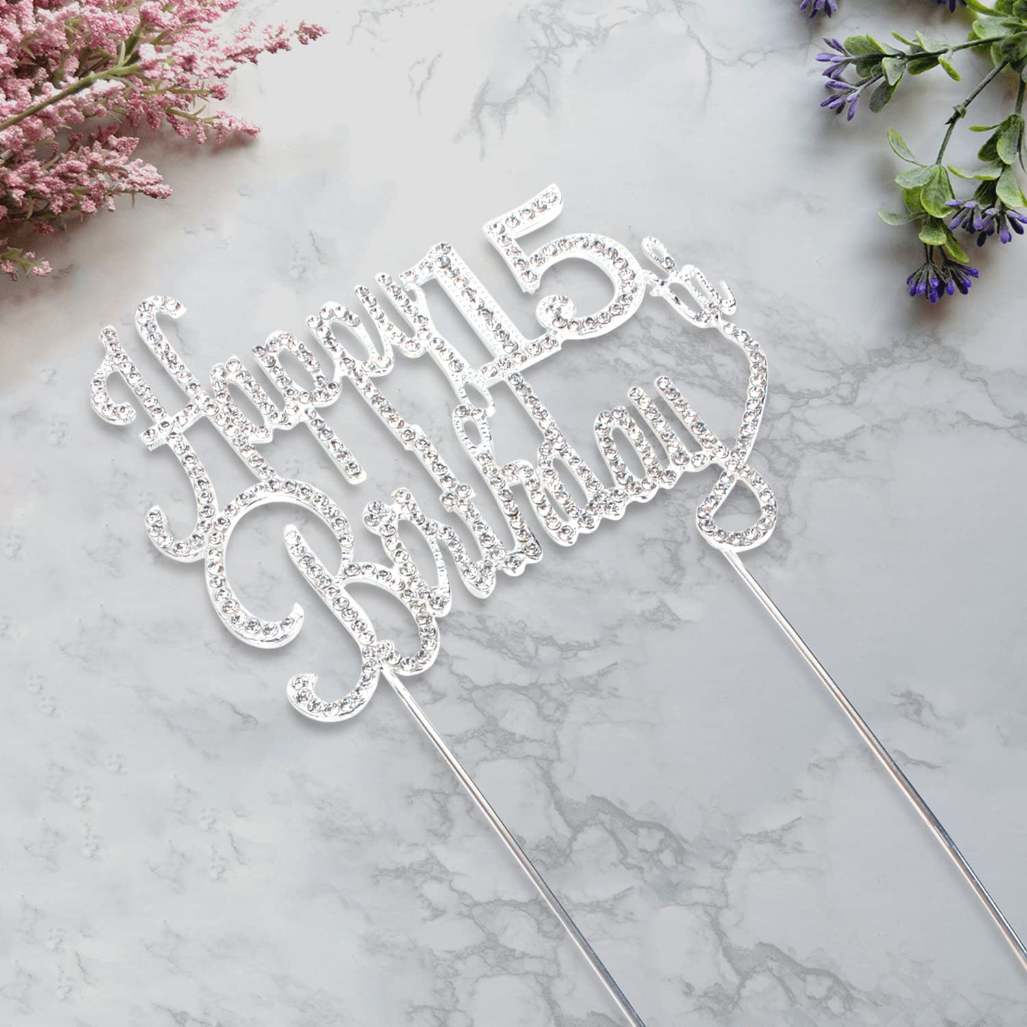 LINGTEER Silver Rhinestone 'Cheers to 15' Cake Topper – Sparkly 15th Birthday Decoration for Kids