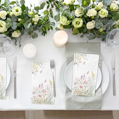 LINHAXM 100 Watercolor Wild Flower Napkins – Disposable Floral Hand Towels for Weddings, Baby Showers, and Parties