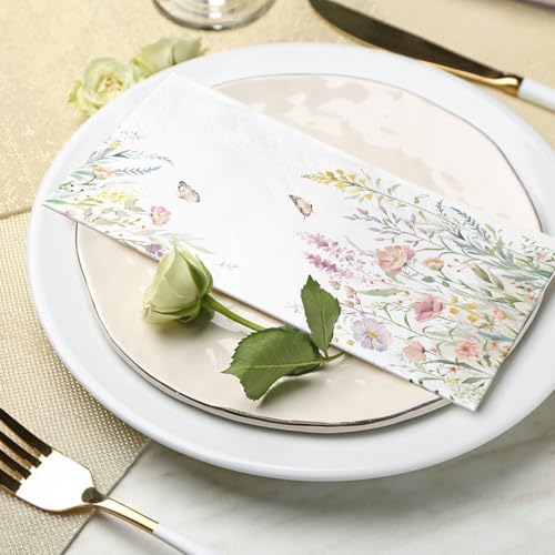 LINHAXM 100 Watercolor Wild Flower Napkins – Disposable Floral Hand Towels for Weddings, Baby Showers, and Parties