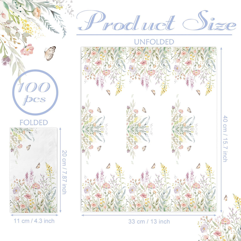 LINHAXM 100 Watercolor Wild Flower Napkins – Disposable Floral Hand Towels for Weddings, Baby Showers, and Parties