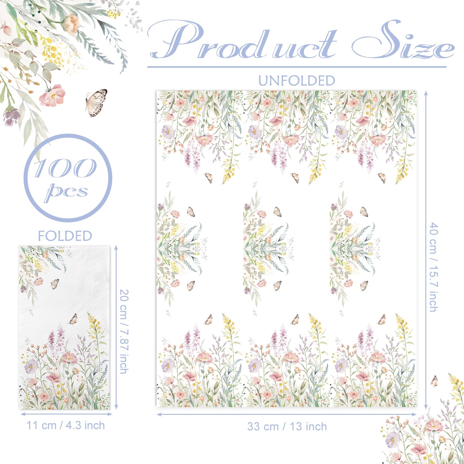 LINHAXM 100 Watercolor Wild Flower Napkins – Disposable Floral Hand Towels for Weddings, Baby Showers, and Parties