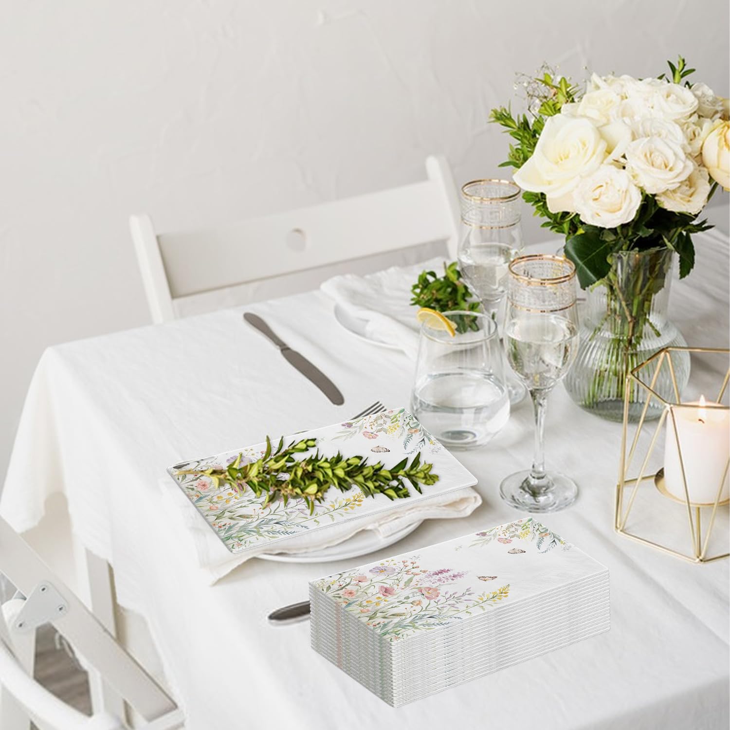 LINHAXM 100 Watercolor Wild Flower Napkins – Disposable Floral Hand Towels for Weddings, Baby Showers, and Parties