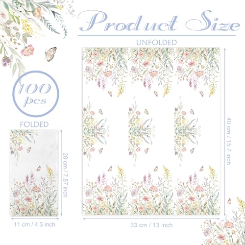 LINHAXM 100 Watercolor Wild Flower Napkins – Disposable Floral Hand Towels for Weddings, Baby Showers, and Parties