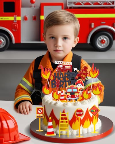 Liobelon 14-Piece Fire Truck Cake Topper Set: Firefighter Birthday Decorations for Kids, Fireman Themed Party Supplies for Cakes & Cupcakes