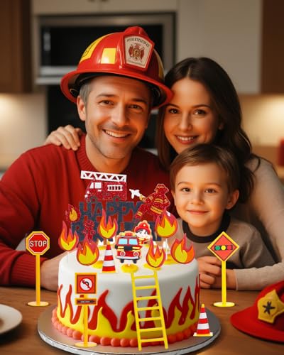 Liobelon 14-Piece Fire Truck Cake Topper Set: Firefighter Birthday Decorations for Kids, Fireman Themed Party Supplies for Cakes & Cupcakes