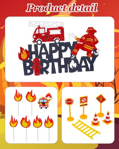Liobelon 14-Piece Fire Truck Cake Topper Set: Firefighter Birthday Decorations for Kids, Fireman Themed Party Supplies for Cakes & Cupcakes