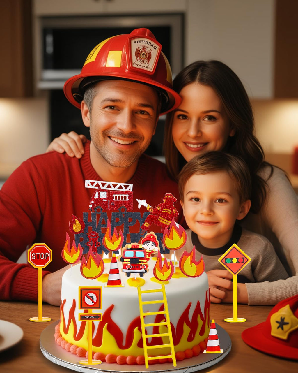 Liobelon 14-Piece Fire Truck Cake Topper Set: Firefighter Birthday Decorations for Kids, Fireman Themed Party Supplies for Cakes & Cupcakes