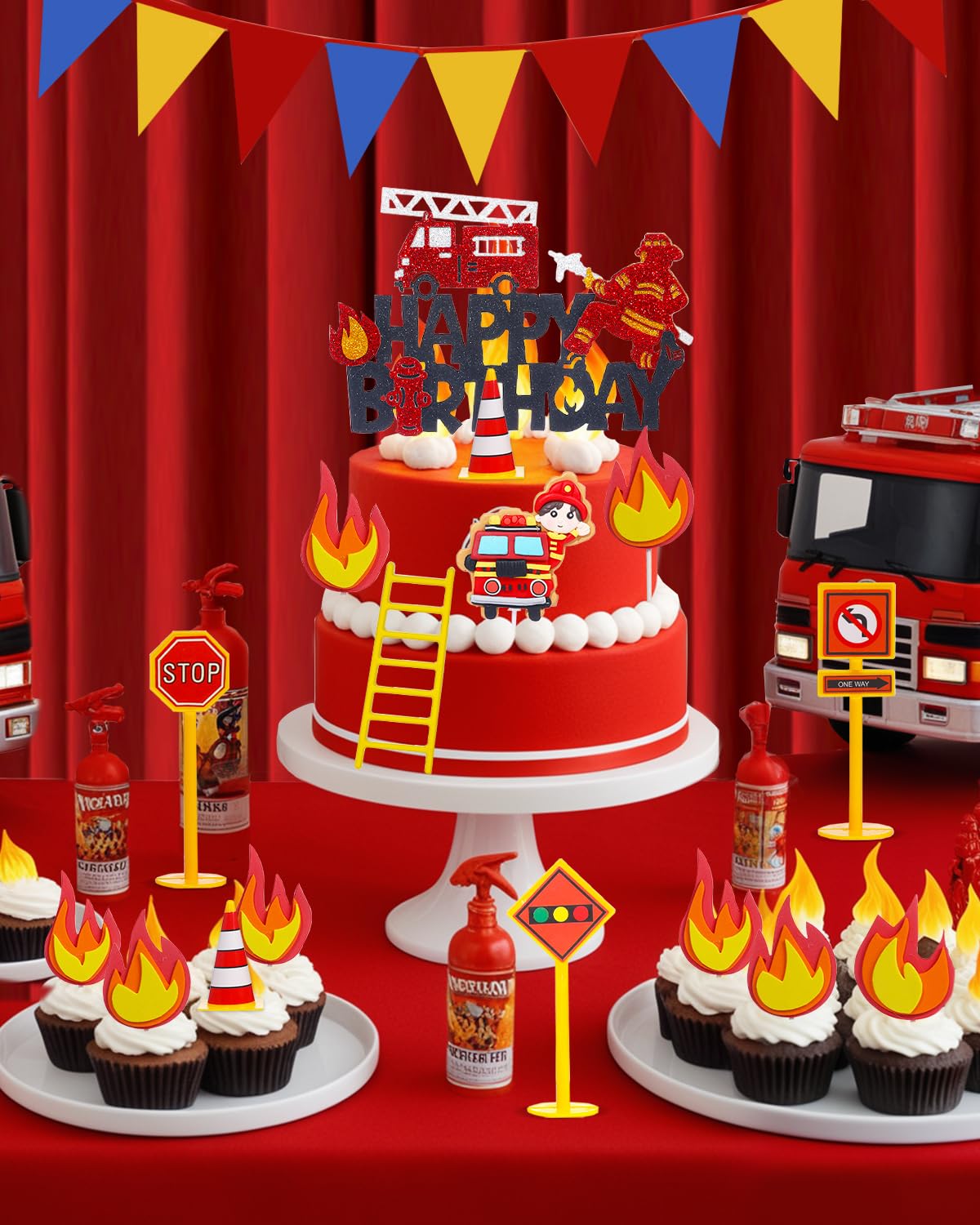 Liobelon 14-Piece Fire Truck Cake Topper Set: Firefighter Birthday Decorations for Kids, Fireman Themed Party Supplies for Cakes & Cupcakes