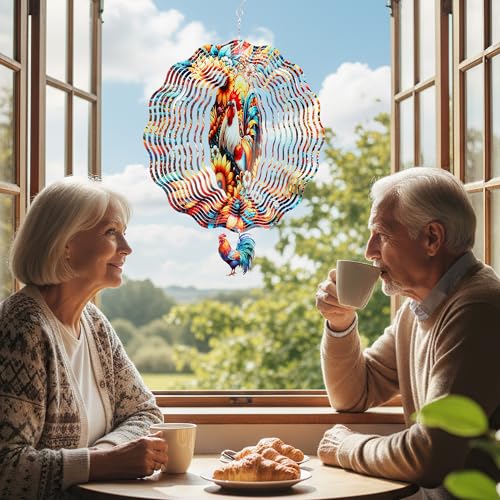 LIRAVENO Chicken Wind Spinner - 3D Kinetic Metal Rooster Sculpture for Outdoor Garden Decor