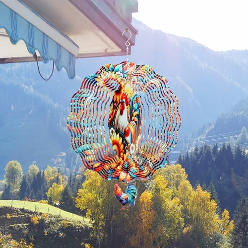 LIRAVENO Chicken Wind Spinner - 3D Kinetic Metal Rooster Sculpture for Outdoor Garden Decor