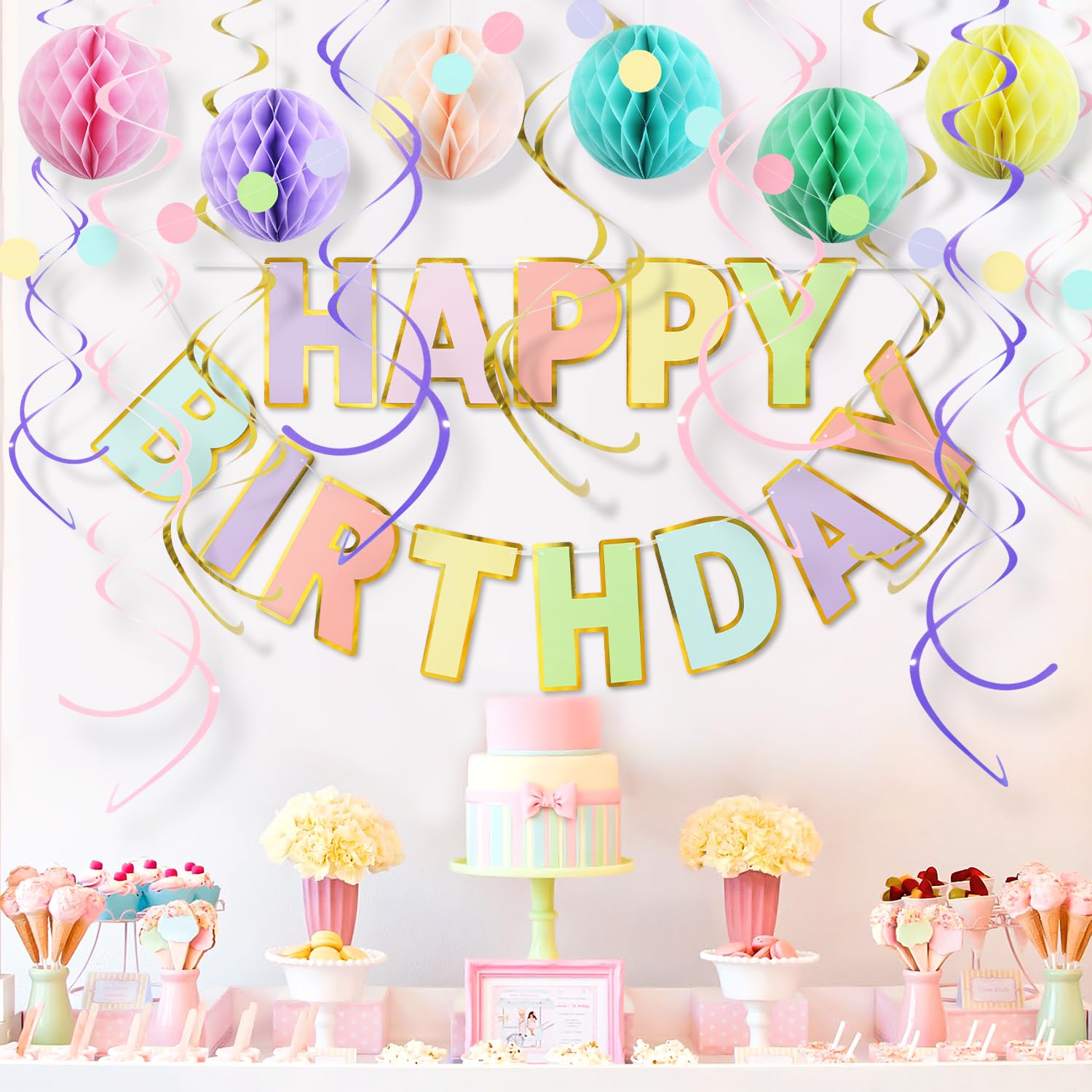LITAUS Macaron Pastel Birthday Decorations Kit – 17-Piece Pre-Strung Set for Girls, Teens & Adults
