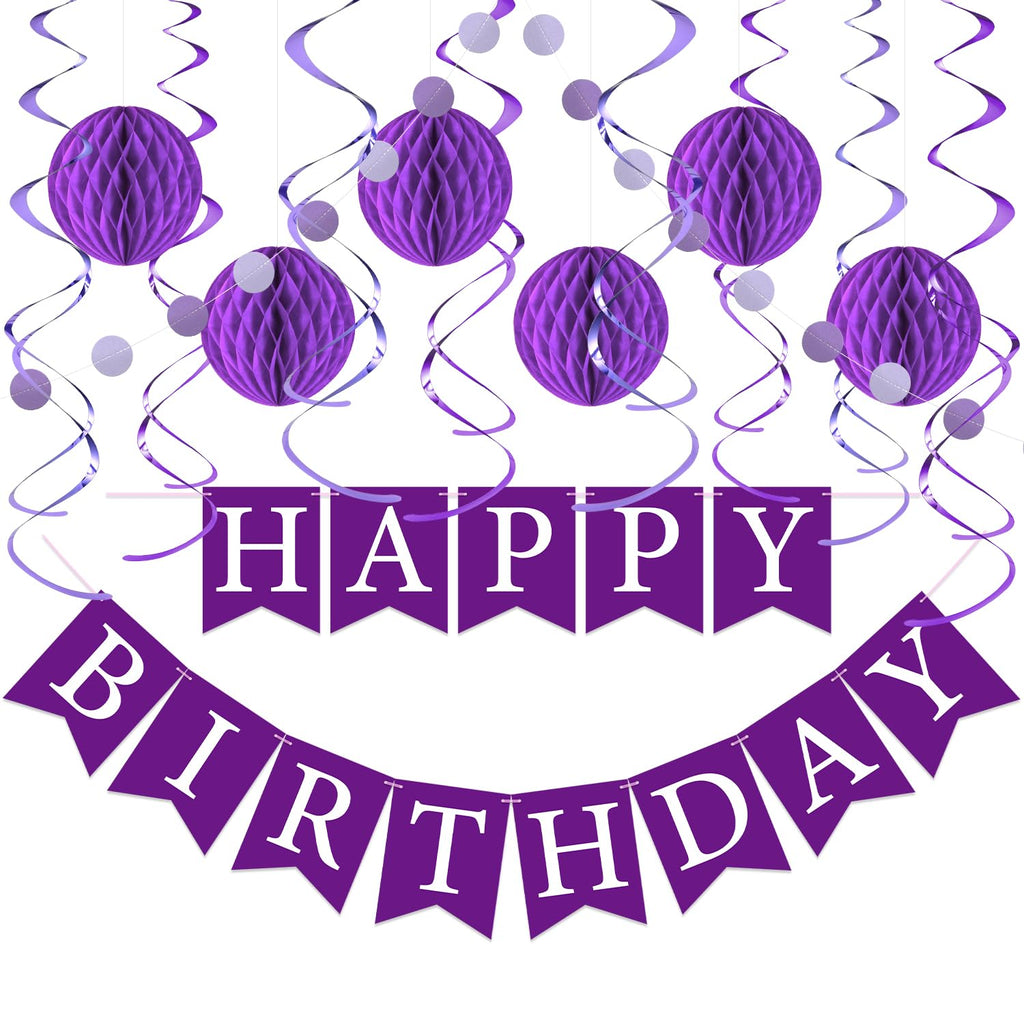 LITAUS Purple Birthday Decorations Kit – 16-Piece Set with Pre-Strung Banner, Honeycomb Balls, Garland & Swirls