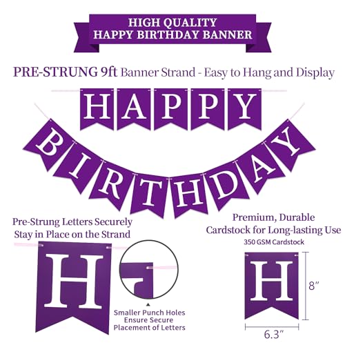 LITAUS Purple Birthday Decorations Kit – 16-Piece Set with Pre-Strung Banner, Honeycomb Balls, Garland & Swirls