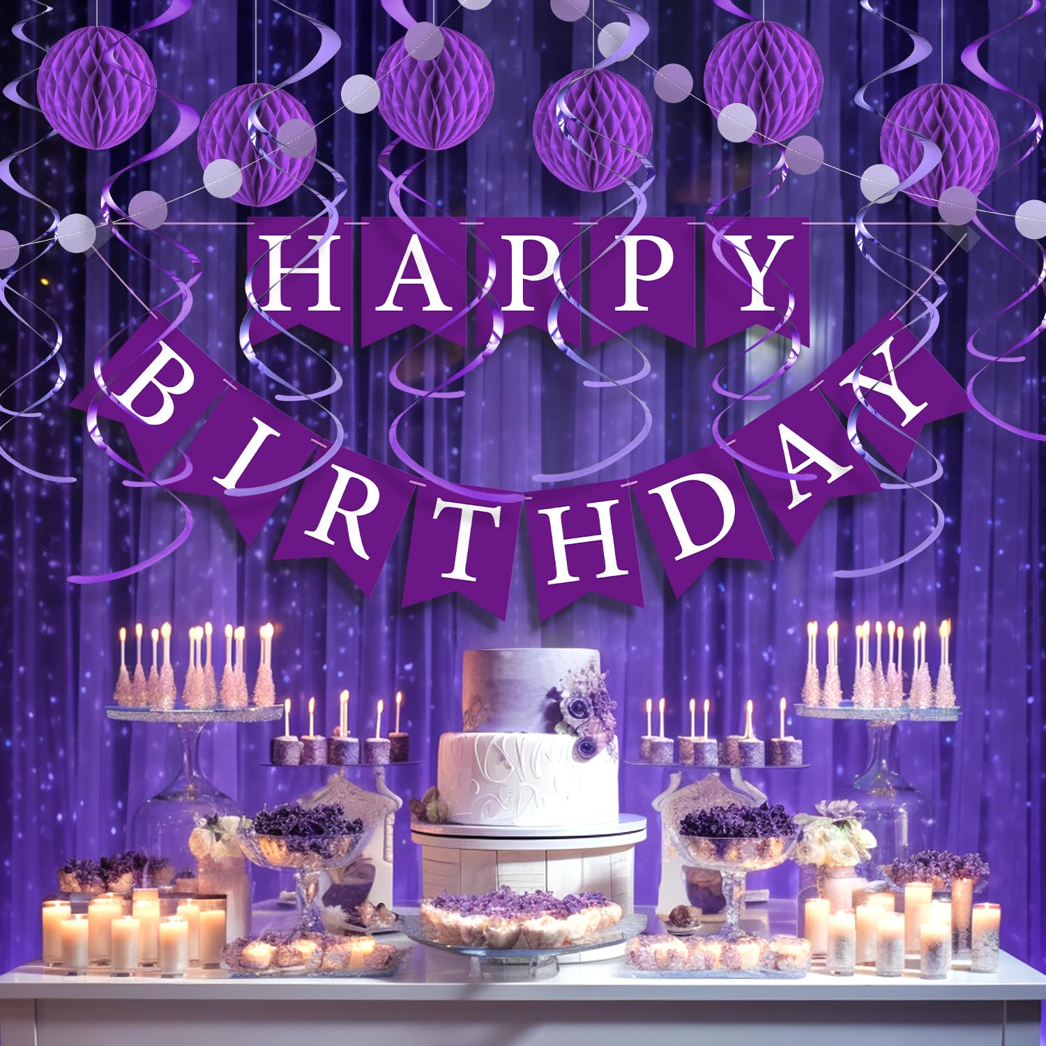 LITAUS Purple Birthday Decorations Kit – 16-Piece Set with Pre-Strung Banner, Honeycomb Balls, Garland & Swirls