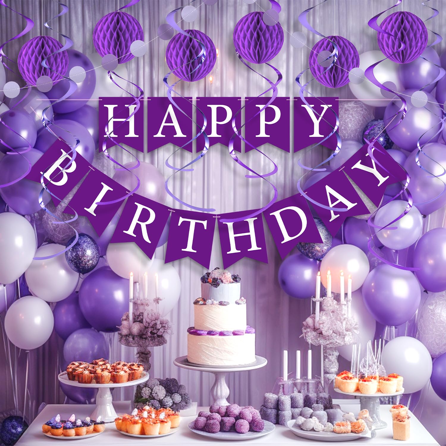 LITAUS Purple Birthday Decorations Kit – 16-Piece Set with Pre-Strung Banner, Honeycomb Balls, Garland & Swirls