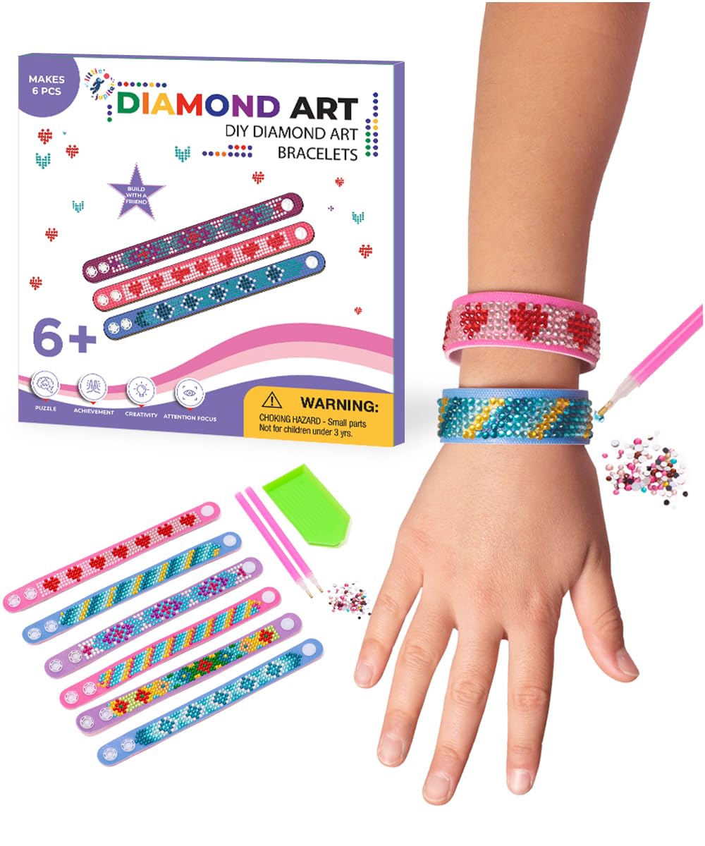 Little Jupiter Diamond Art Bracelet Kit - 6 Pack Snap Bracelets for Kids - DIY Gem Art Craft Set for Ages 6-12