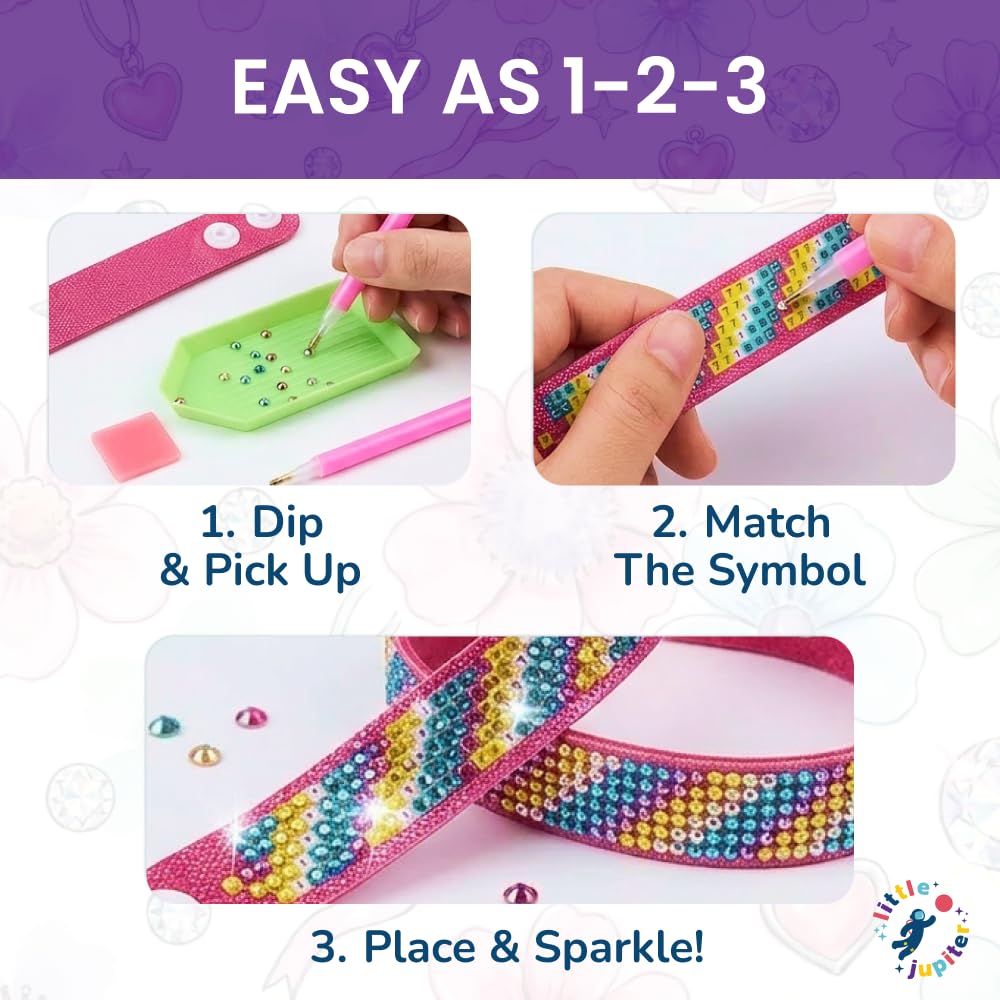 Little Jupiter Diamond Art Bracelet Kit - 6 Pack Snap Bracelets for Kids - DIY Gem Art Craft Set for Ages 6-12