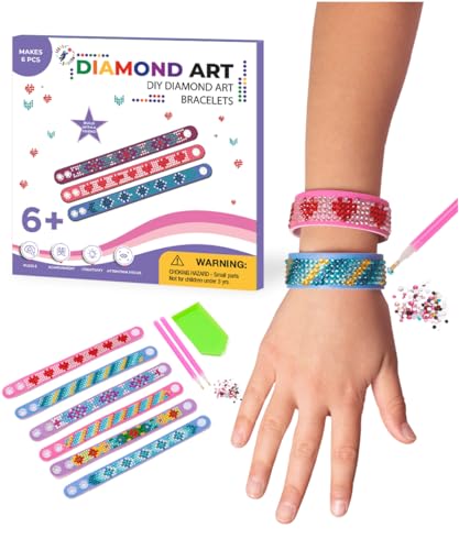 Little Jupiter Diamond Art Bracelet Kit - 6 Pack Snap Bracelets for Kids - DIY Gem Art Craft Set for Ages 6-12