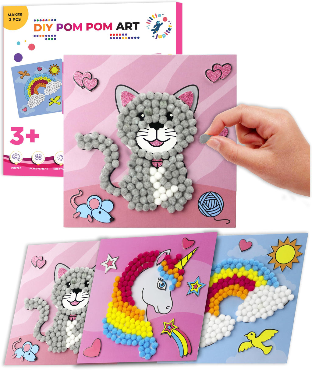 Little Jupiter DIY Pom Pom Art Kit for Kids Ages 3-5 – Set 2: Unicorn, Rainbow, Cat – Toddler Craft Activity