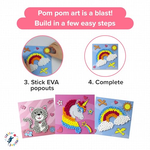 Little Jupiter DIY Pom Pom Art Kit for Kids Ages 3-5 – Set 2: Unicorn, Rainbow, Cat – Toddler Craft Activity