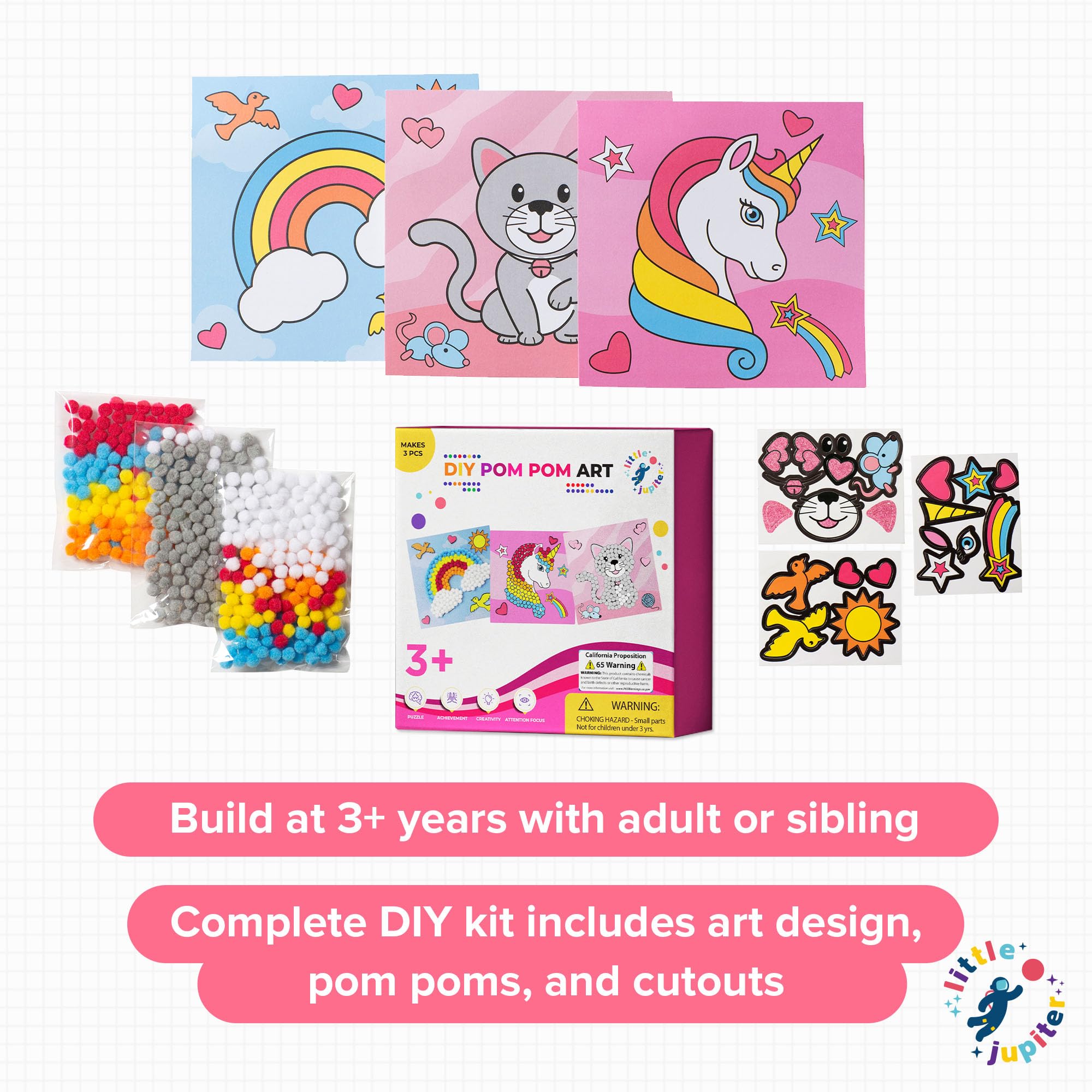 Little Jupiter DIY Pom Pom Art Kit for Kids Ages 3-5 – Set 2: Unicorn, Rainbow, Cat – Toddler Craft Activity
