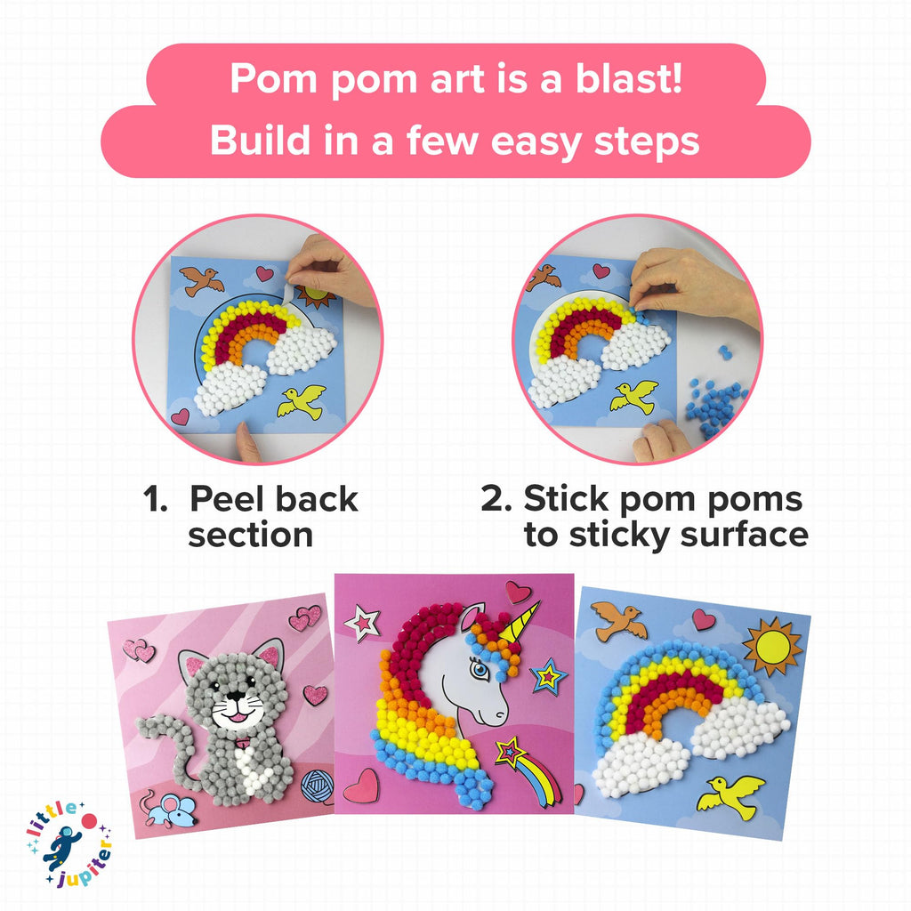 Little Jupiter DIY Pom Pom Art Kit for Kids Ages 3-5 – Set 2: Unicorn, Rainbow, Cat – Toddler Craft Activity