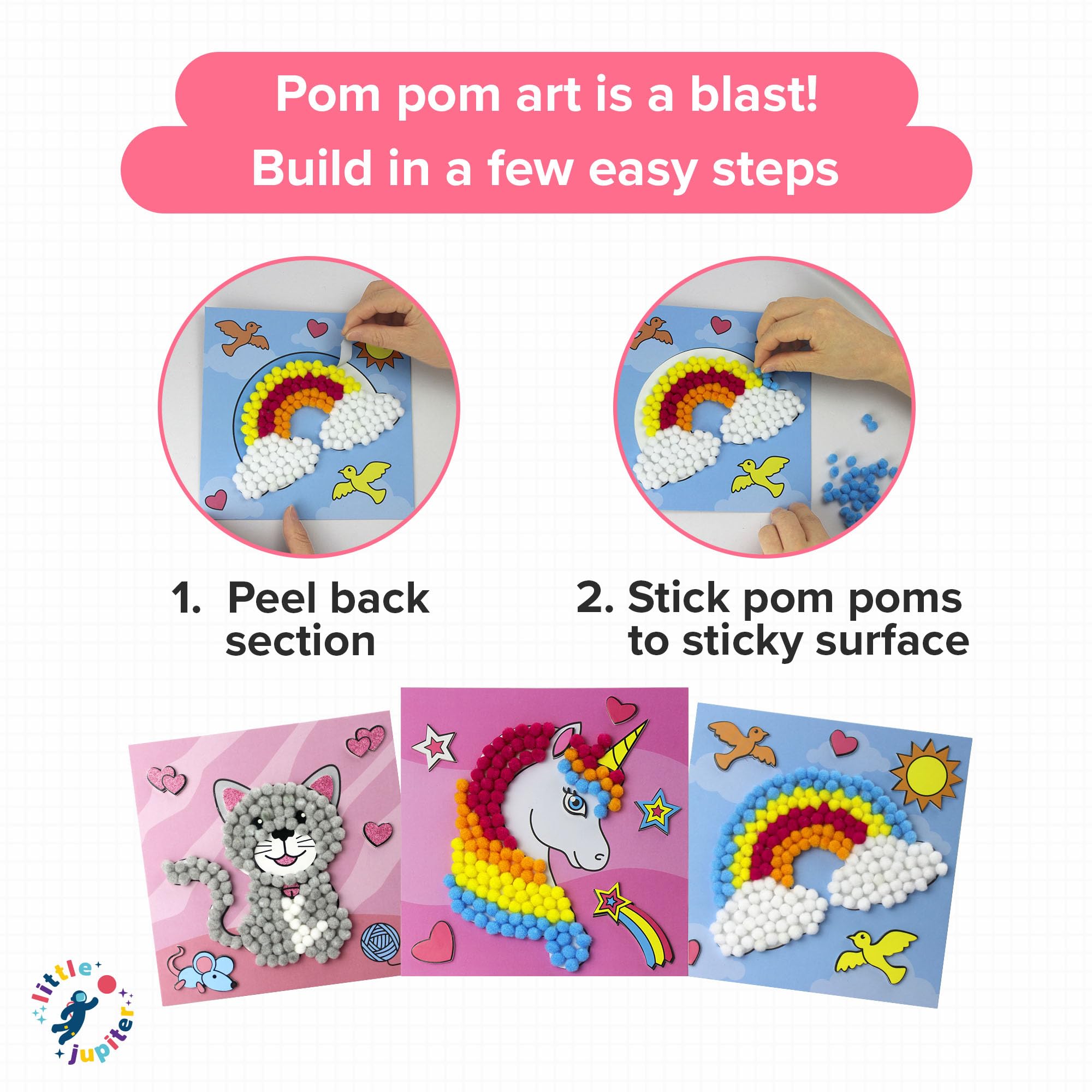 Little Jupiter DIY Pom Pom Art Kit for Kids Ages 3-5 – Set 2: Unicorn, Rainbow, Cat – Toddler Craft Activity