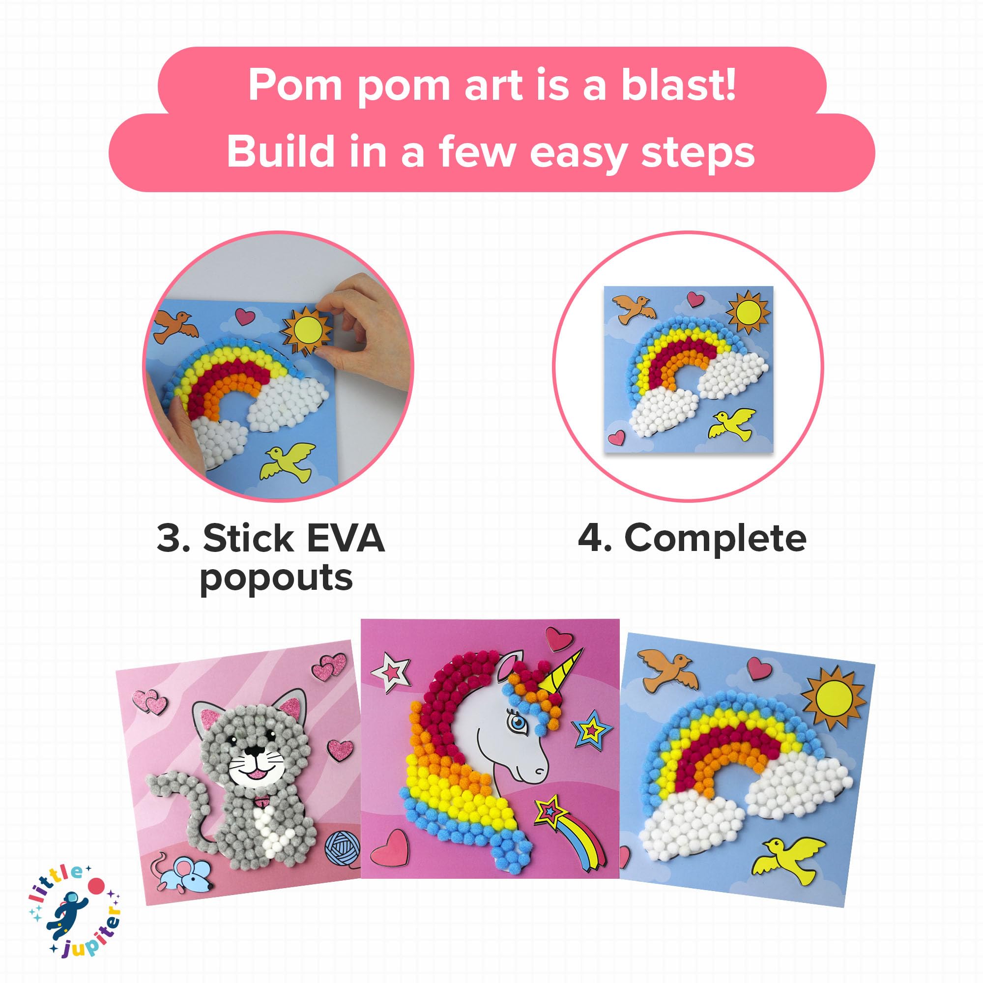 Little Jupiter DIY Pom Pom Art Kit for Kids Ages 3-5 – Set 2: Unicorn, Rainbow, Cat – Toddler Craft Activity